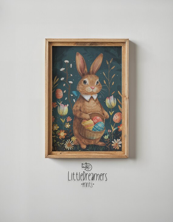 Brown Bunny Ribbon Collar Egg Basket Dark Floral Storybook Poster