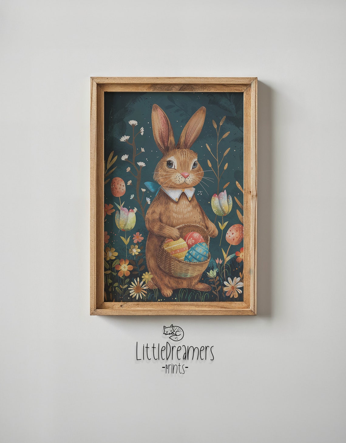 Brown Bunny Ribbon Collar Egg Basket Dark Floral Storybook Poster