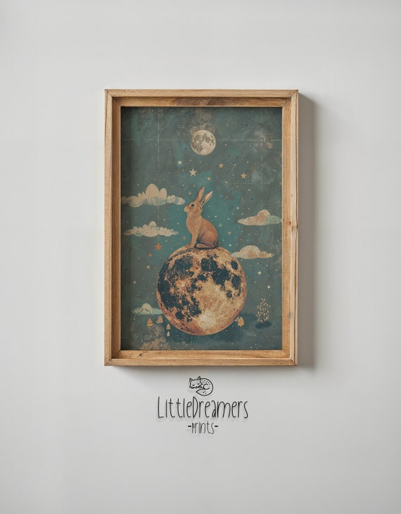 Rabbit Moon Art Print, Celestial Nursery Decor
