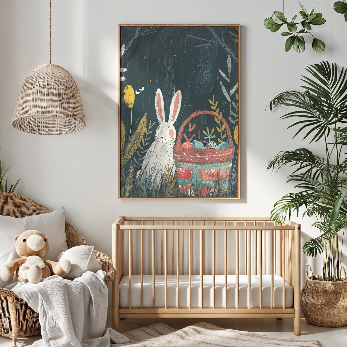 Easter Bunny And Egg Basket Art Print Nursery Wall Art Kids Spring Decor Poster Seasonal Easter Gift Whimsical Forest Animals - Image 2