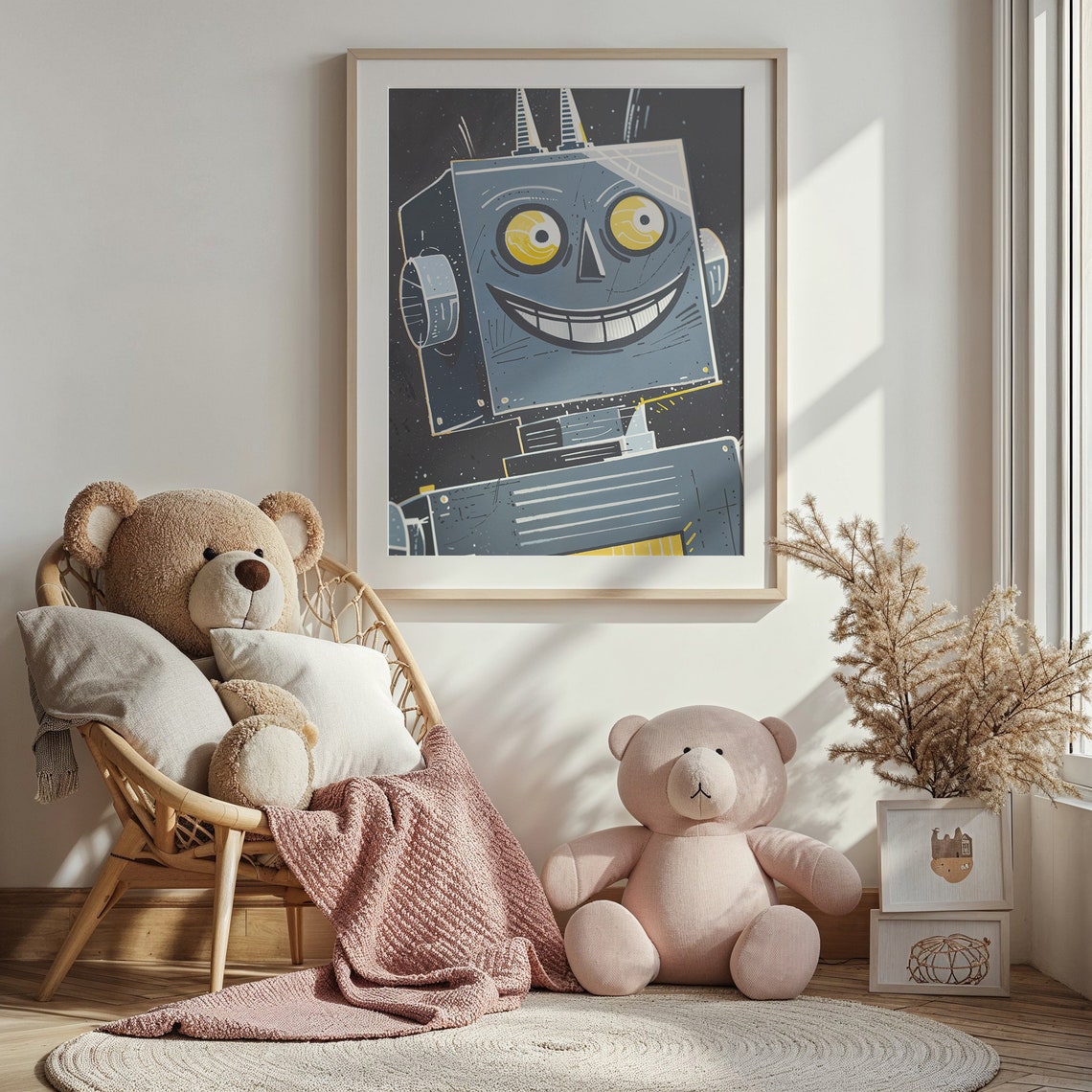 Friendly Square Head Robot Space Kids Room Decor Cheerful Wall Poster - Image 3
