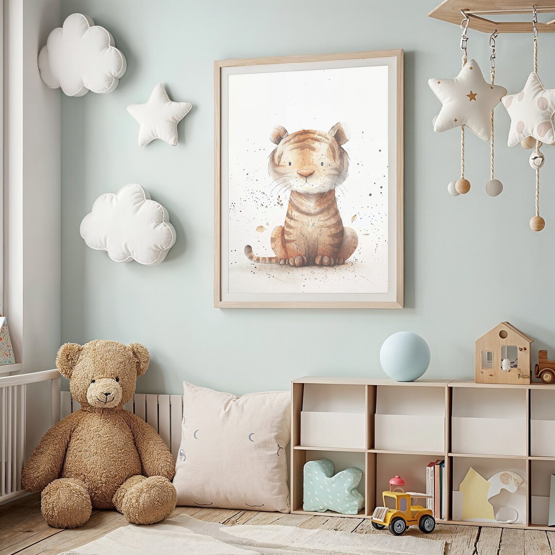 Baby Tiger Cub Watercolor Sitting Neutral Nursery Jungle Animal Poster - Image 3