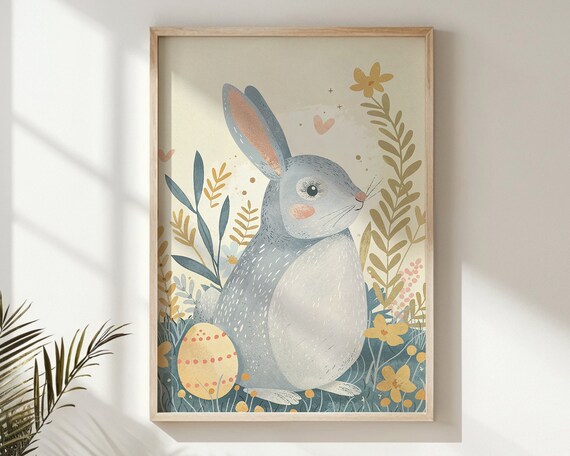 Cute Blue Bunny With Dotted Easter Egg Yellow Flowers Kids Art Print