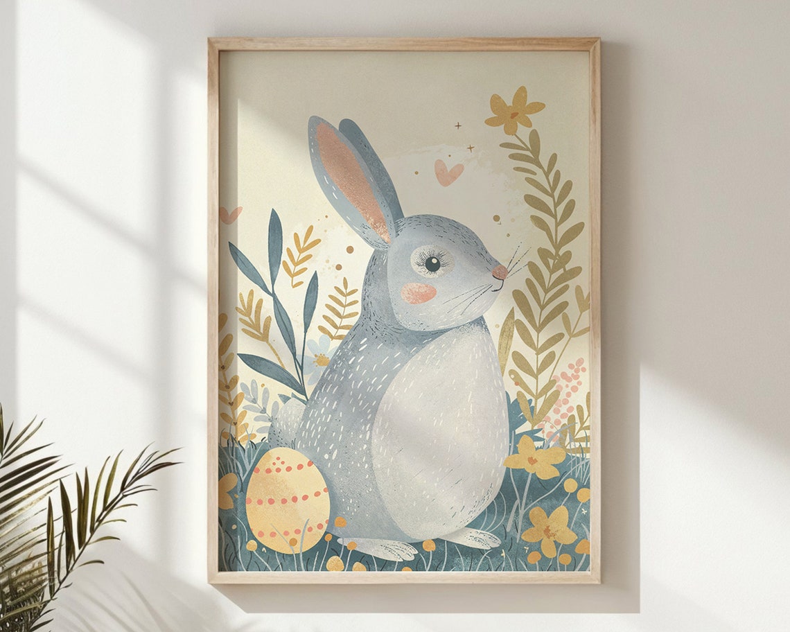 Cute Blue Bunny With Dotted Easter Egg Yellow Flowers Kids Art Print