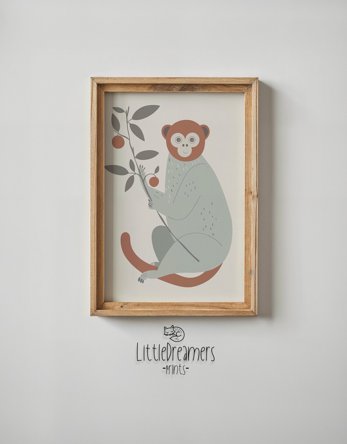 Cute Monkey With Fruit Branch Sage Terracotta Minimalist Wall Art Poster - Image 5