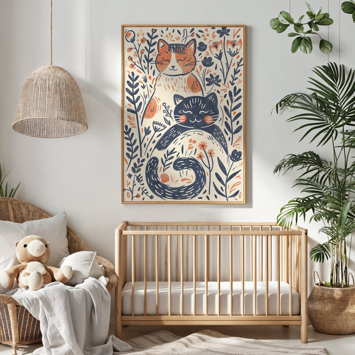 Floral Cats Illustration Orange And Navy Whimsical Kids Room Wall Art Poster - Image 2
