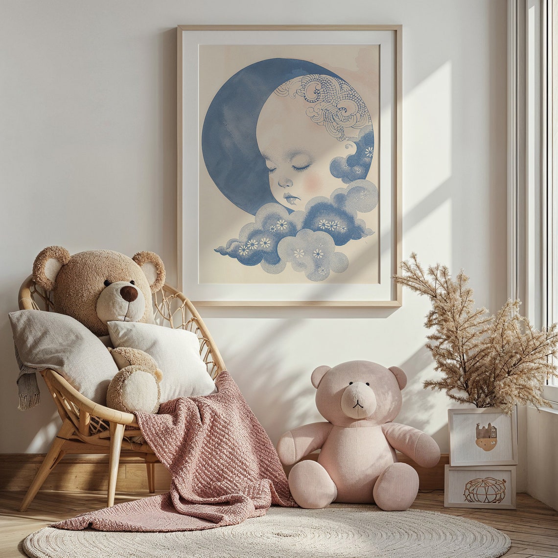 Dreamy Sleeping Baby Face On Blue Full Moon With Flower Clouds Poster - Image 3