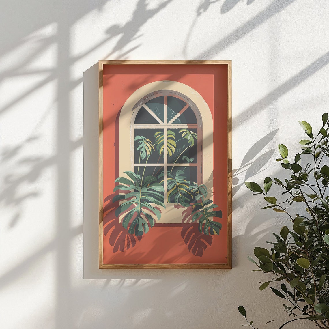 Monstera Greenery Arched Window Terracotta Wall Botanical Art Print - Image 4