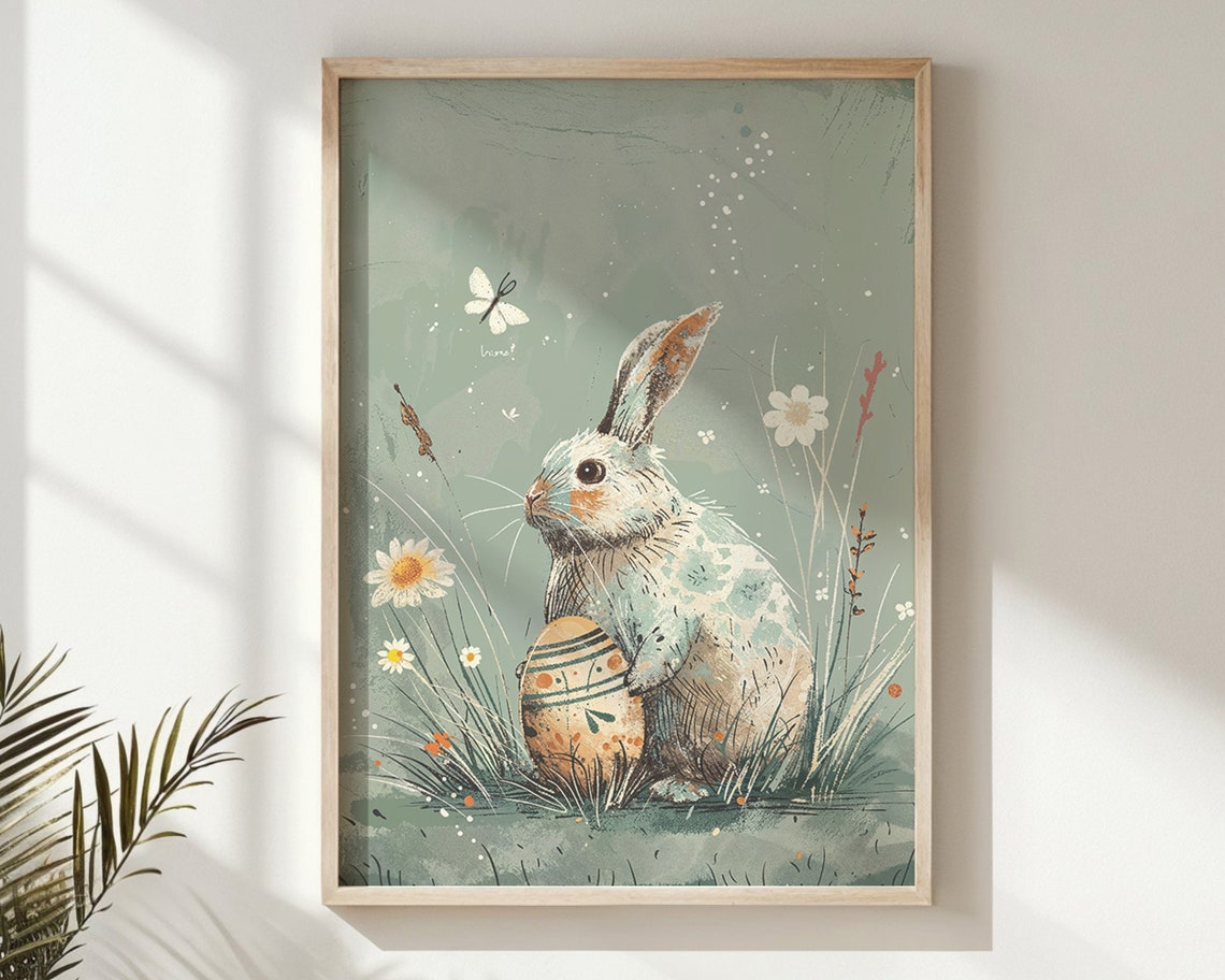 Gray Bunny Holding Painted Easter Egg With Daisies Vintage Art Print
