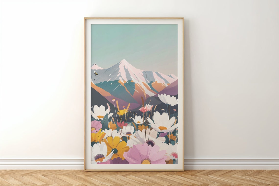 Snowcapped Mountain Wildflower Meadow Daisy Bloom Nature Wall Poster - Image 5