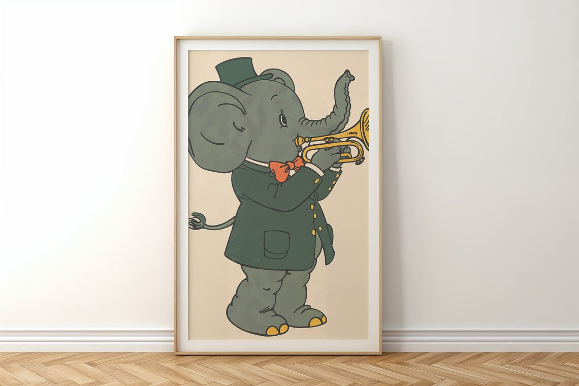 Elephant Trumpet Player Vintage Style Nursery Kids Music Room Art Poster - Image 5