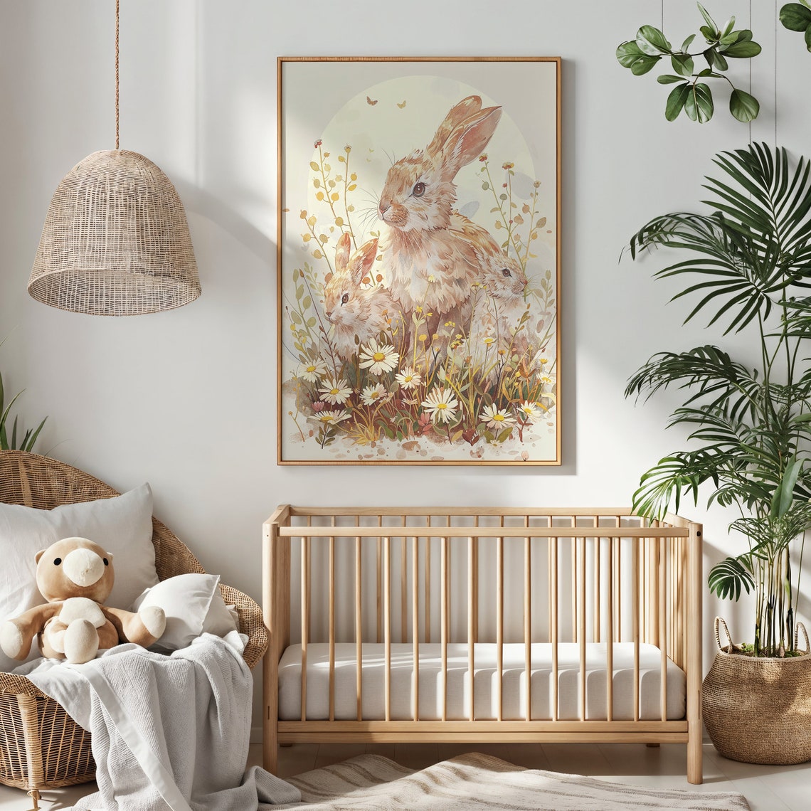 Spring Bunny Watercolor Rabbit With Daisies Floral Easter Art Print - Image 2