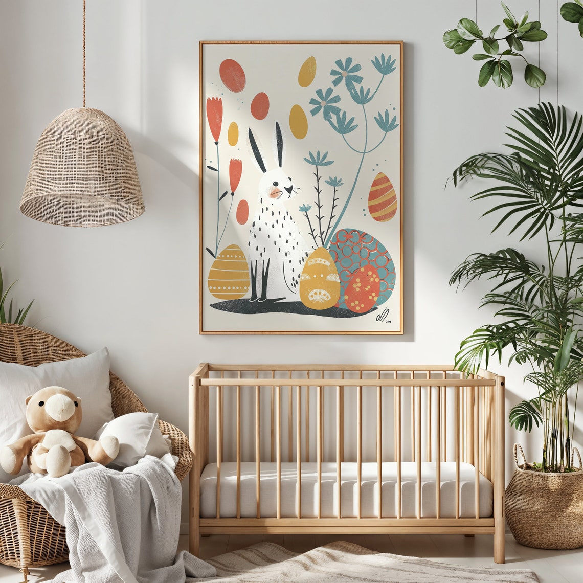 Easter Bunny Tulips Patterned Eggs Mid Century Kids Room Poster - Image 2