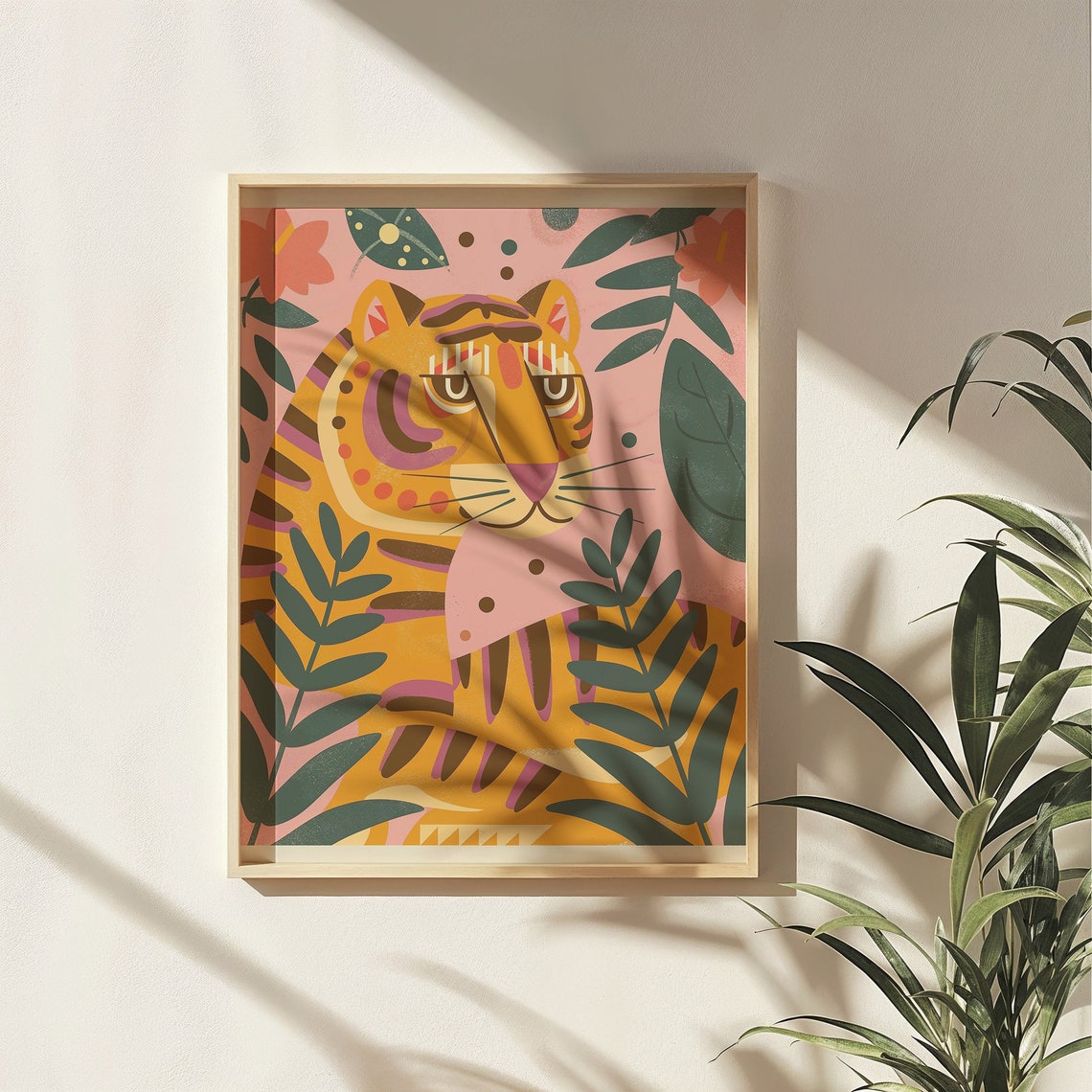 Stylized Orange Tiger Pink Jungle Foliage Bold Nursery Poster - Image 5