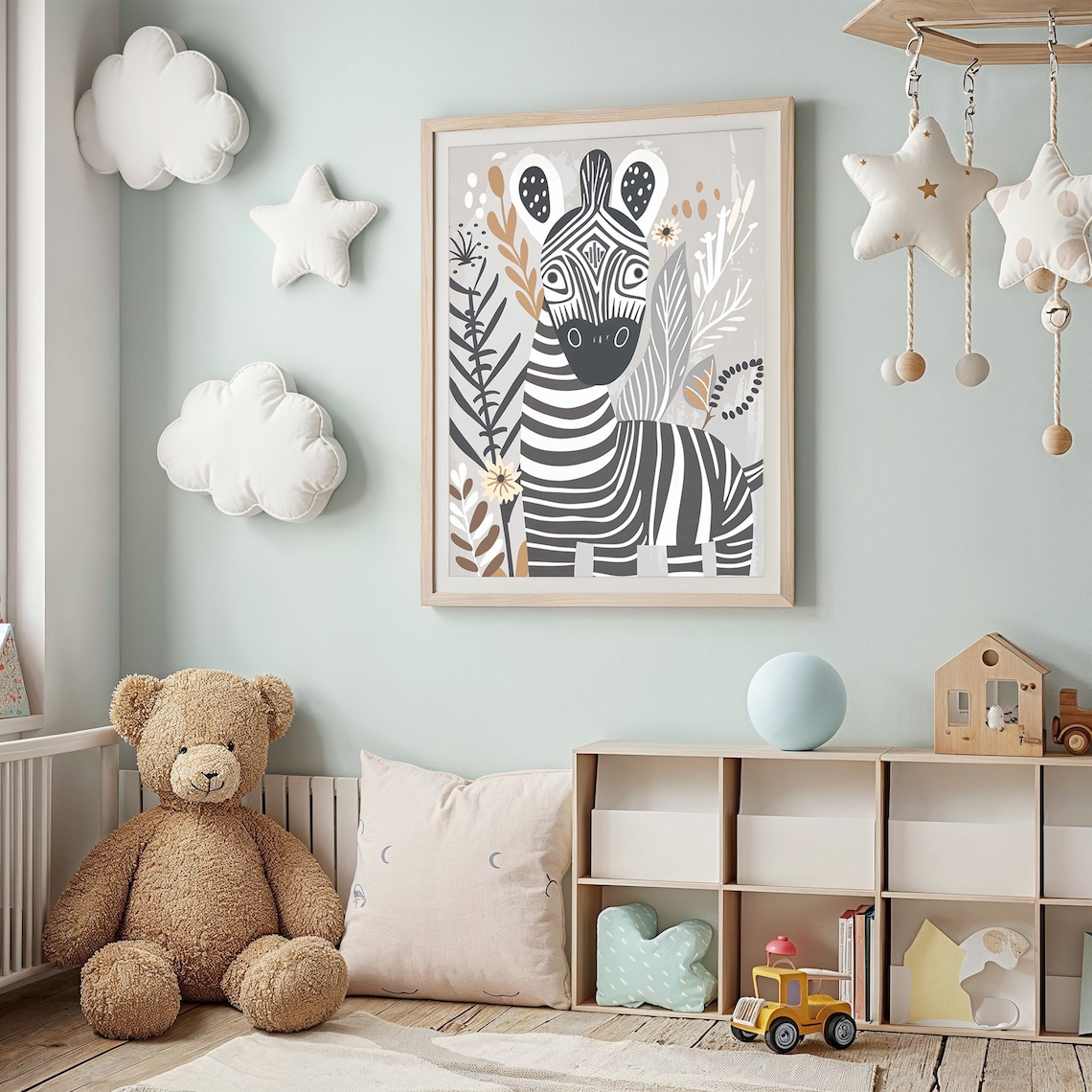 Zebra Safari Nursery Poster Folk Art Black White Botanical Kids Print - Image 3