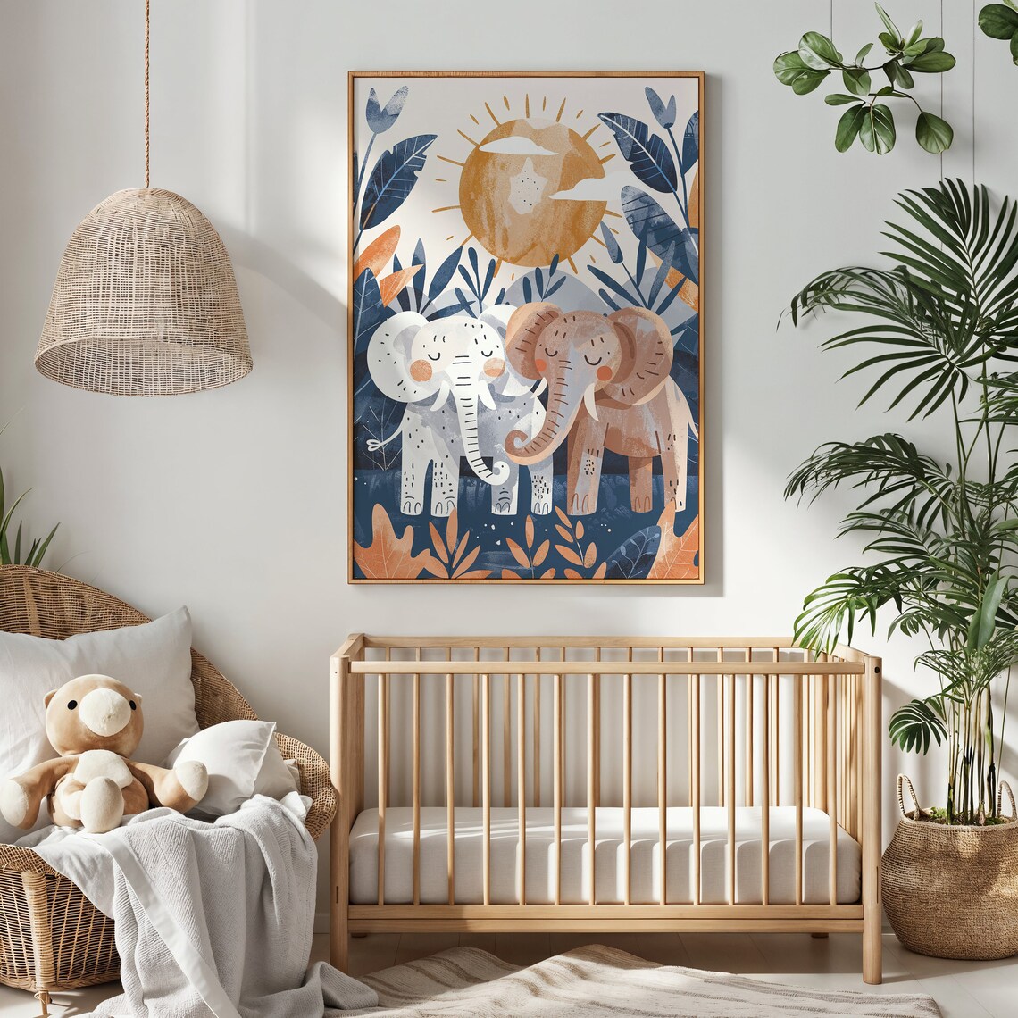 Two Elephants Sun Nursery Poster Jungle Foliage Safari Kids Room Art - Image 2