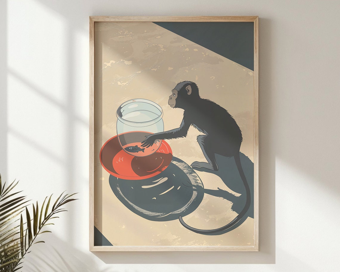 Curious Monkey Reaching Fishbowl Playful Shadow Retro Nursery Poster - Image 6