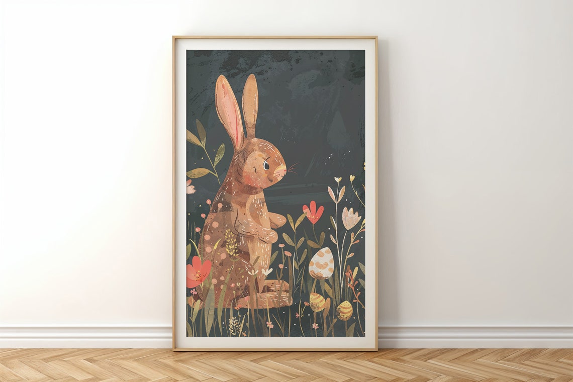 Brown Bunny Standing Dark Meadow Daisies Easter Eggs Folk Poster - Image 6