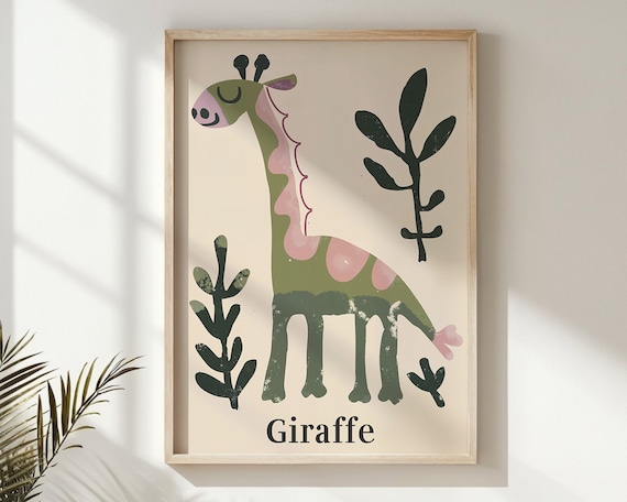 Smiling Green Giraffe Pink Patches Jungle Leaves Kids Wall Poster