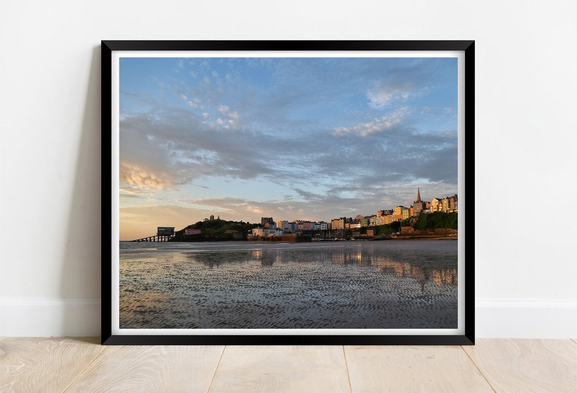 Tenby Beach Sunset Reflections Of Colourful Town Wales Poster