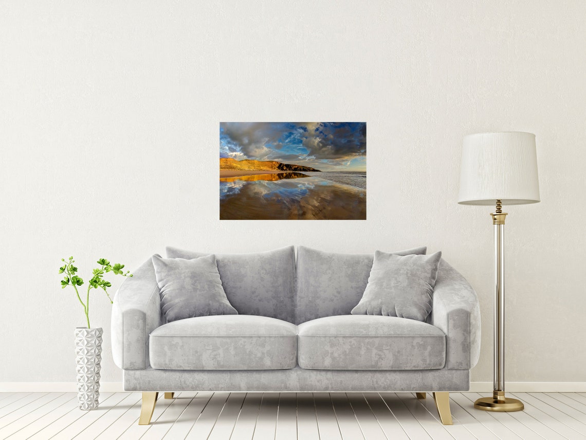 Witches Point Beach Bridgend Wales Golden Sunset Reflections Poster - Image 2