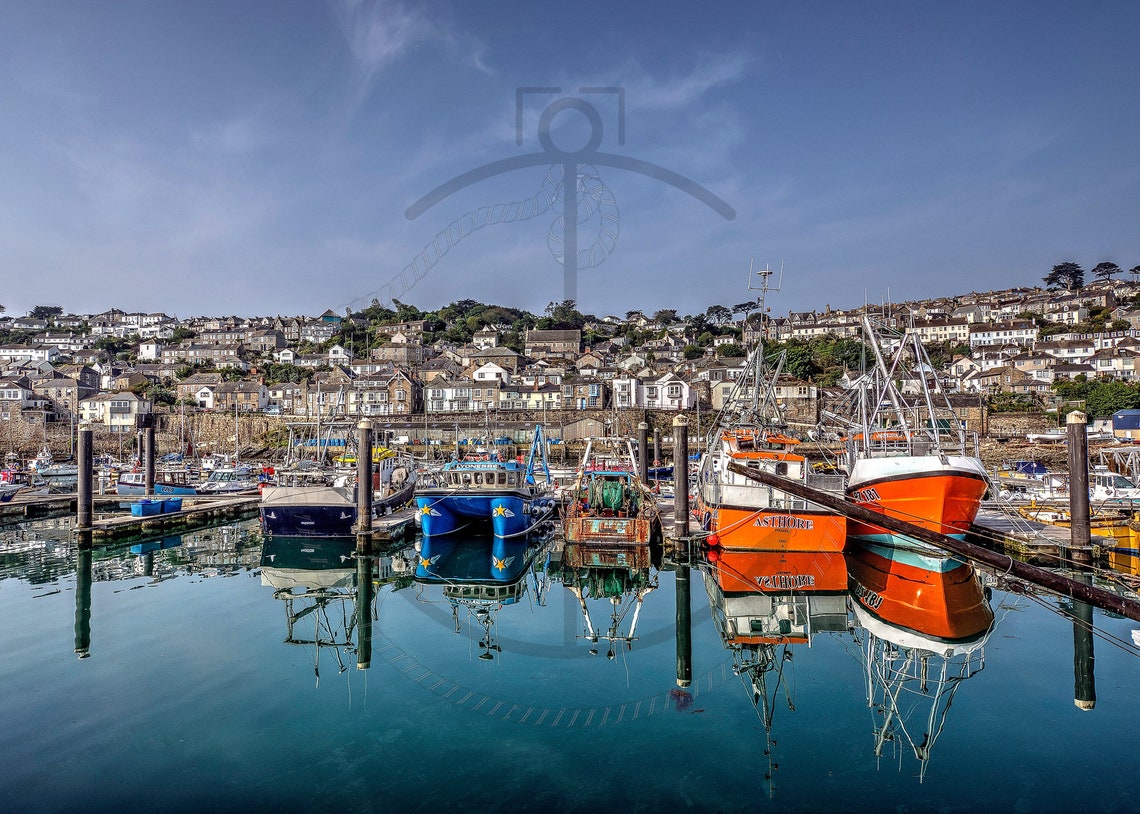 Newlyn Cornwall Fishing Boats Harbour Mirror Calm Water Scene Poster - Image 3
