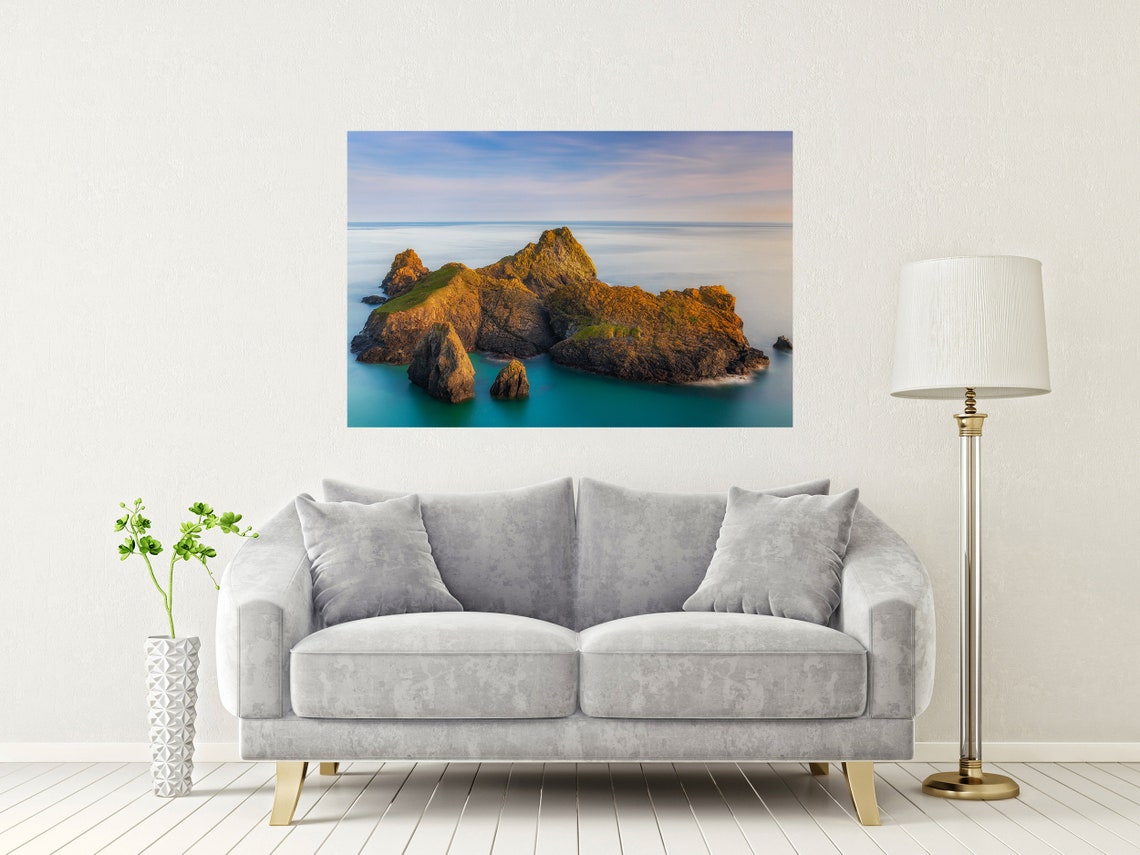 Kynance Cove Cornwall Golden Sea Stacks In Calm Sea At Sunset Poster - Image 2