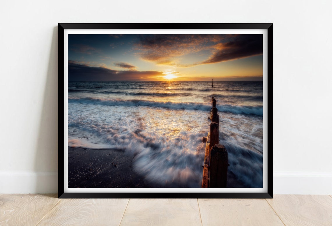 Teignmouth Beach Devon Sunset Surf with Wooden Groynes Poster