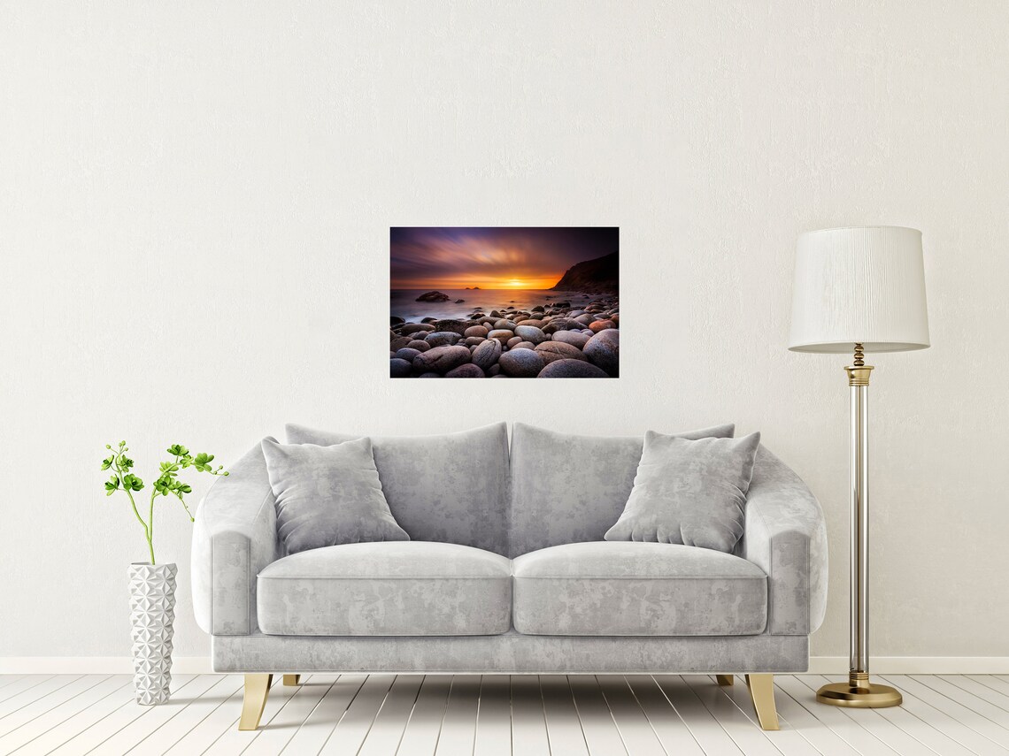 Porth Nanven Cornwall Boulder Beach Fiery Sunset Glow Poster - Image 2