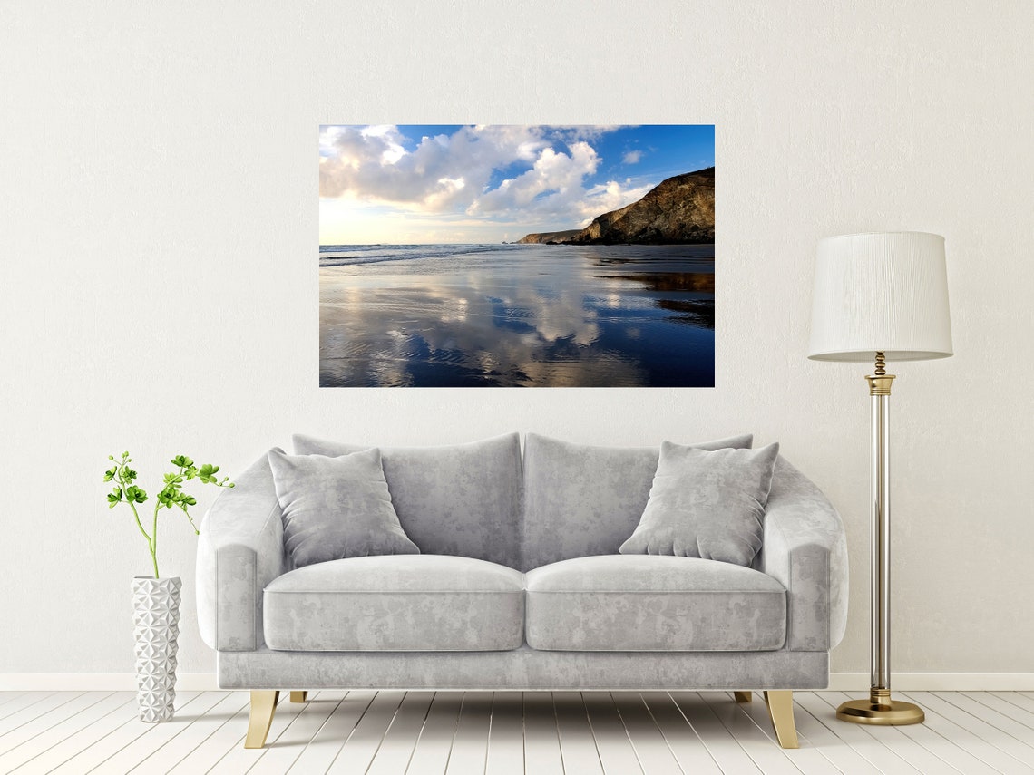 Porthtowan Beach Cornwall Wet Sand Cliffs Cloud Reflections Poster - Image 2
