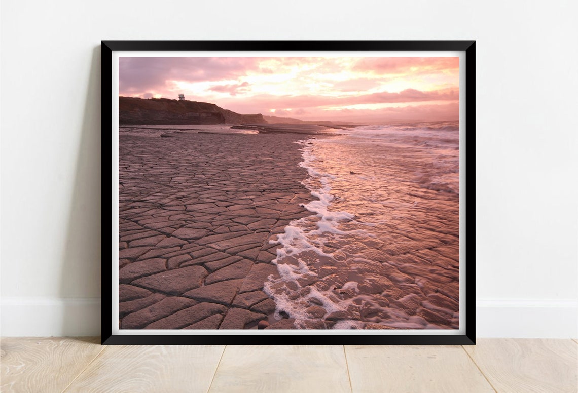Lilstock Beach Somerset Pink Sunset Cracked Rock Shore Print