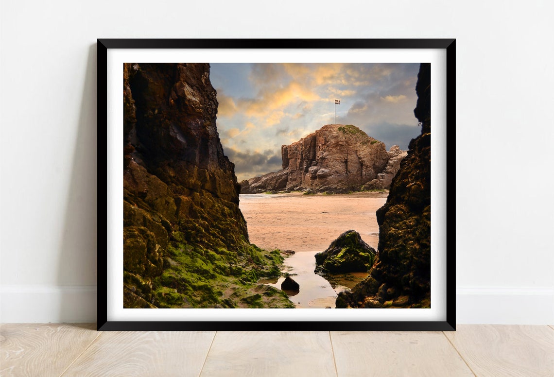 Wild Perranzabuloe Black Rock Sea Cave Sunset Rocky Cove Poster