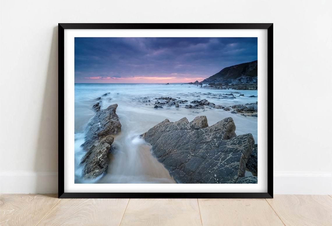 Dollar Cove Cornwall Rocky Beach At Dusk Long Exposure Poster