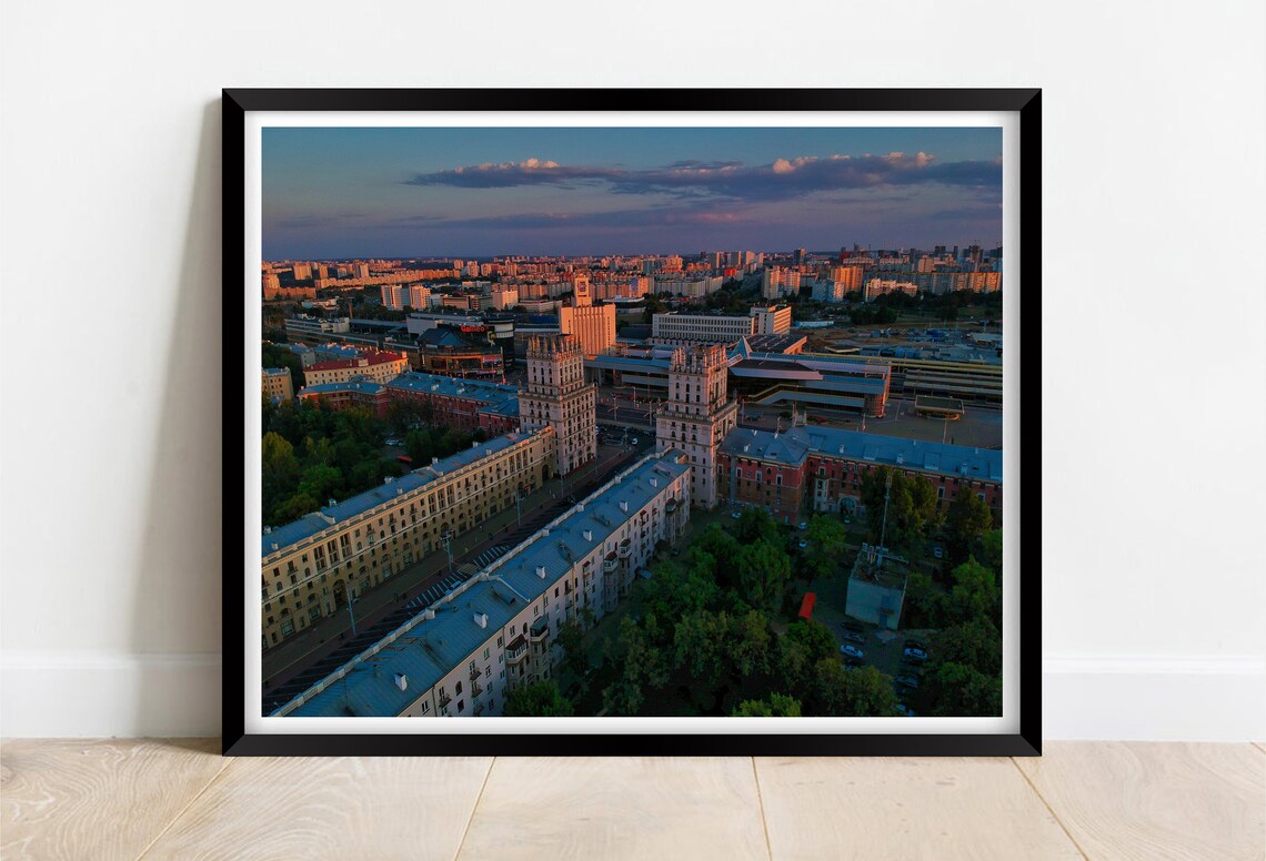 Minsk Belarus Station Square Twin Towers At Golden Sunset Poster