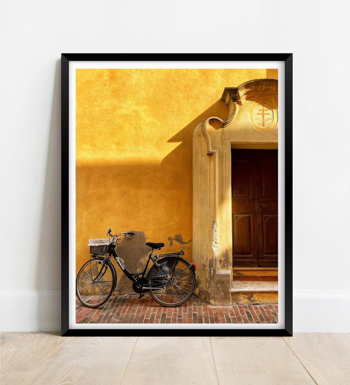 Bicycle Leaning Against Old Italian Ochre Wall Doorway Poster
