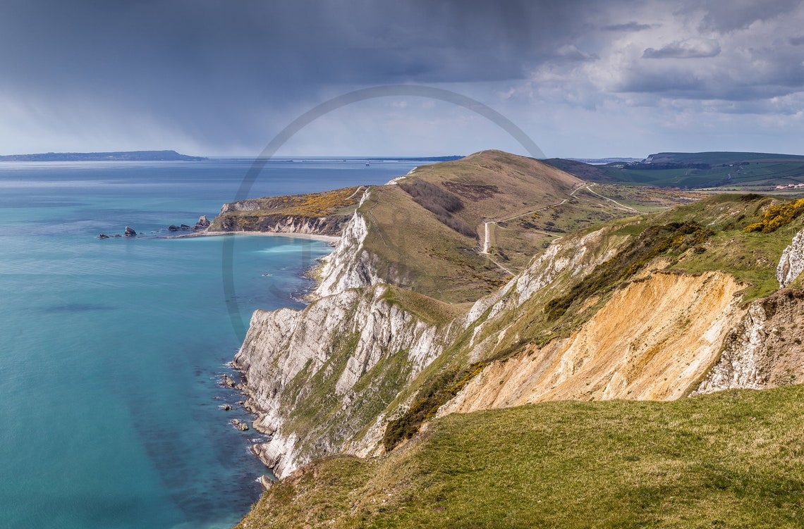 Worbarrow Bay White Chalk Cliffs Under Storm Clouds Dorset Poster - Image 3