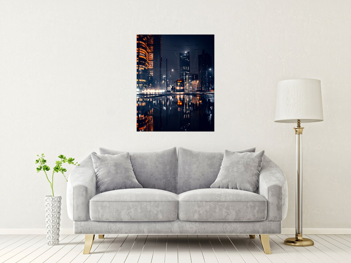 Warsaw Poland At Night Tram Wet Street City Lights Reflection Poster - Image 2