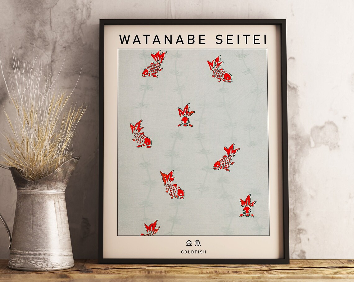 Watanabe Seitei Goldfish Red Japanese Woodblock Style Poster - Image 3