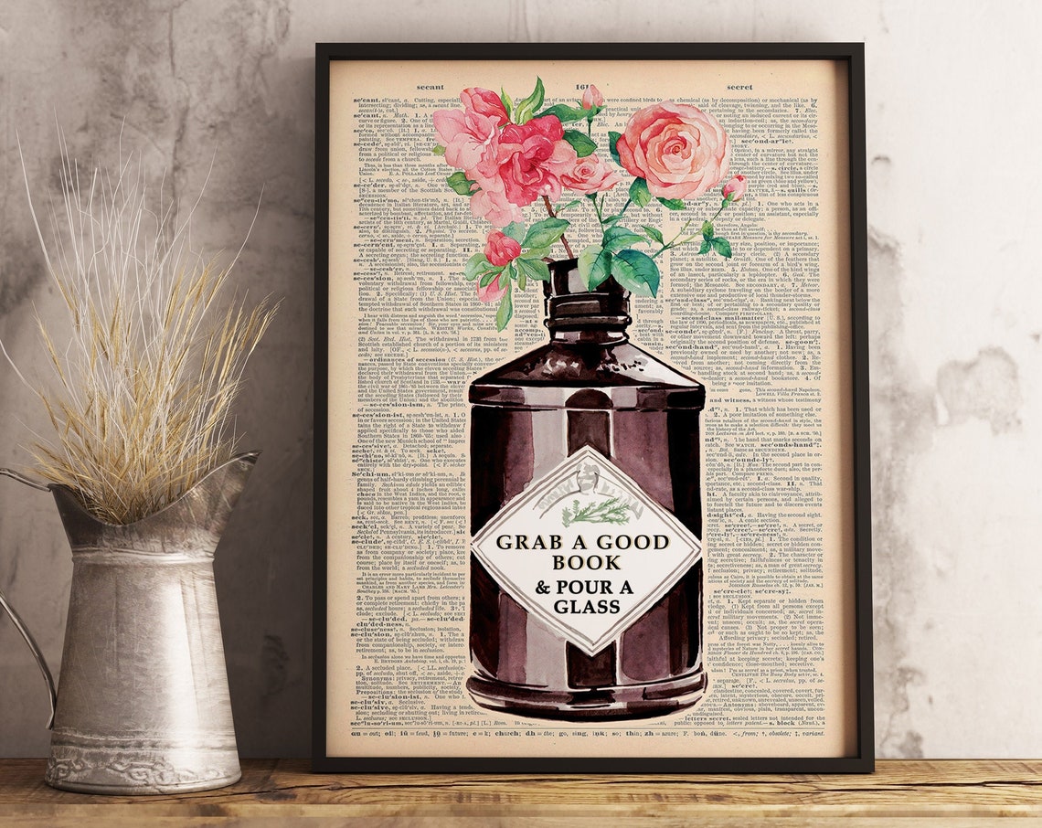 Grab A Good Book And Pour A Glass Gin Bottle Art Poster Gift