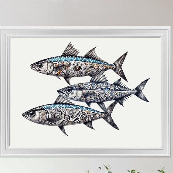 Decorative Sardines Zentangle Blue Mediterranean Kitchen Art Poster