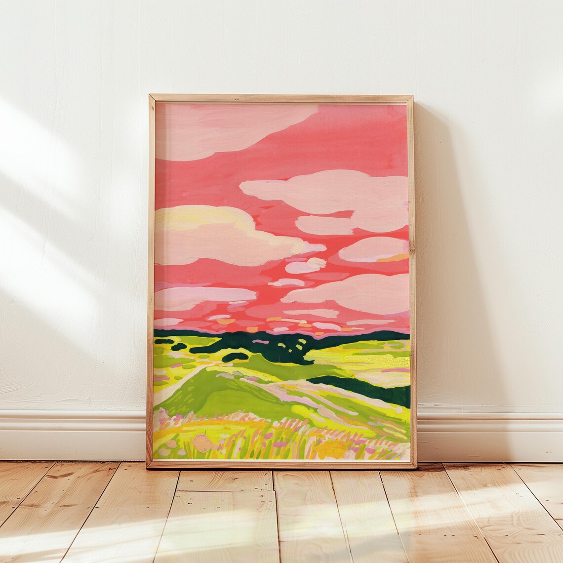 Pink Sky Abstract Gouache Landscape Meadow Botanical Art Poster