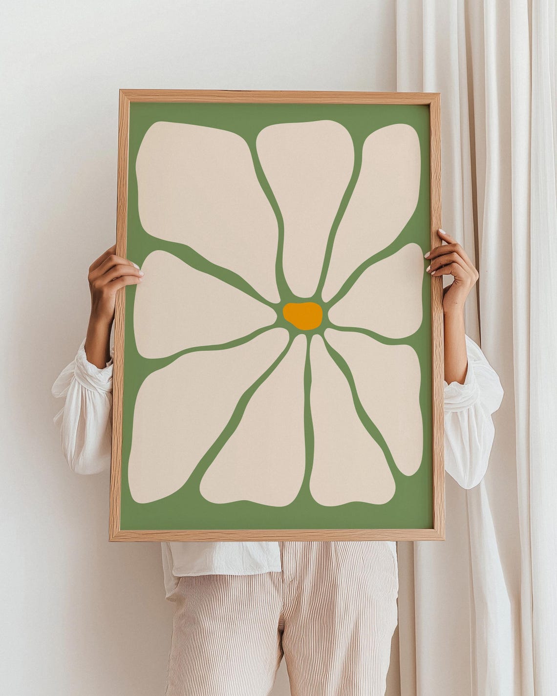 Oversized Daisy Abstract Bloom Sage Green Retro Floral Poster