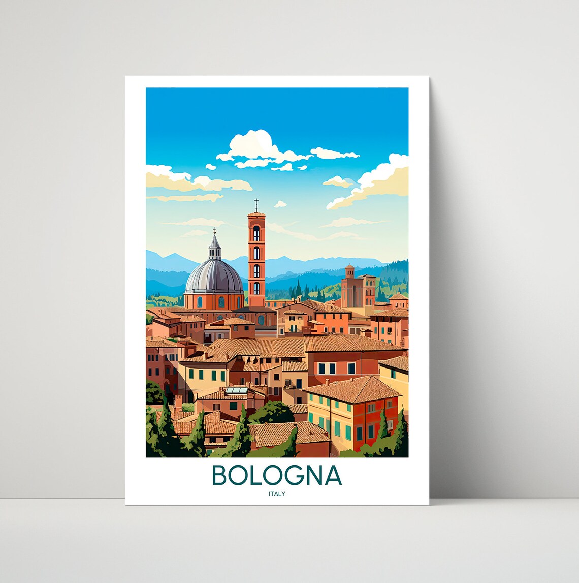 Bologna Italy Red Rooftops Church Towers Vintage Travel Poster