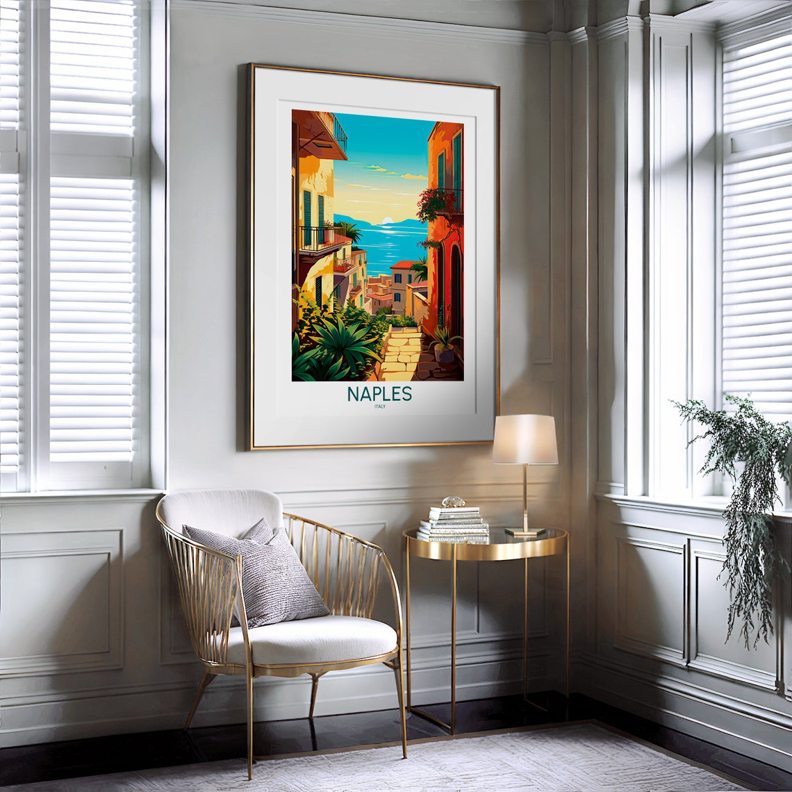 Naples Italy Golden Sunset Bay Balcony Flowers Vintage Travel Poster - Image 2