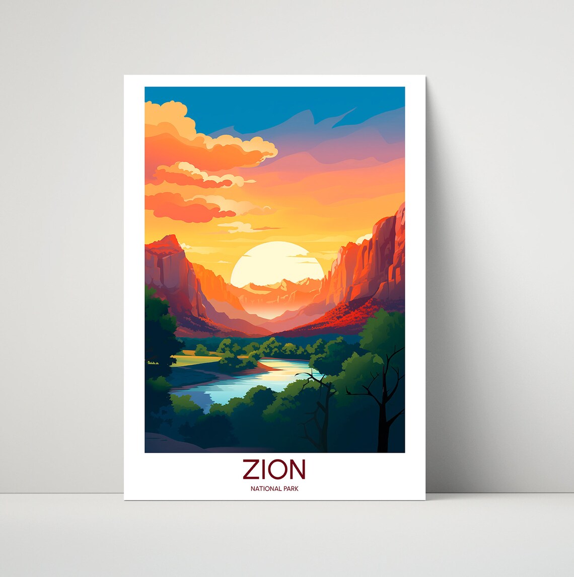 Zion National Park Glowing Sunset River Bend Canyon Walls Travel Poster