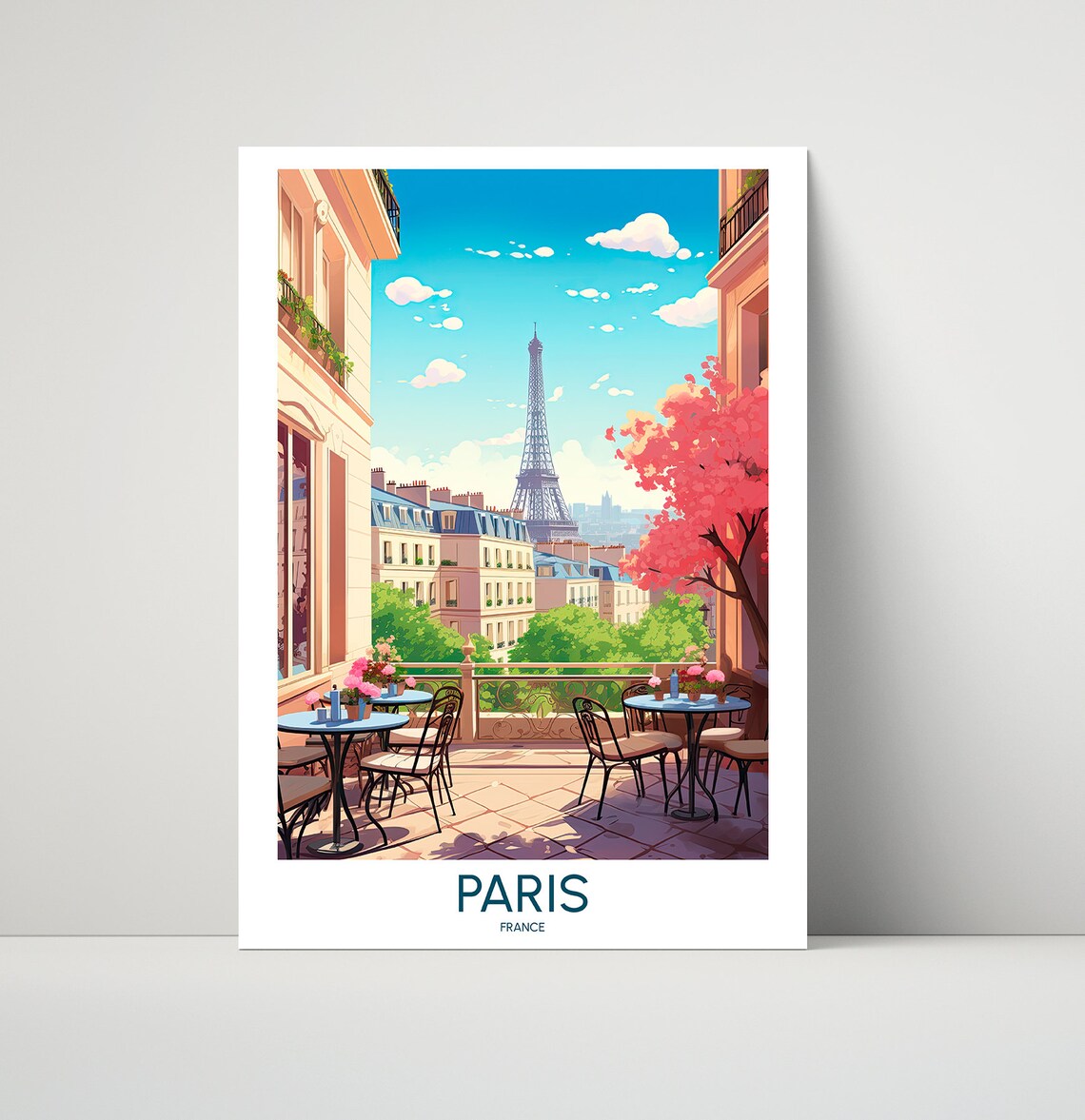 Paris France Sunny Eiffel Tower Cafe Terrace Spring Travel Poster