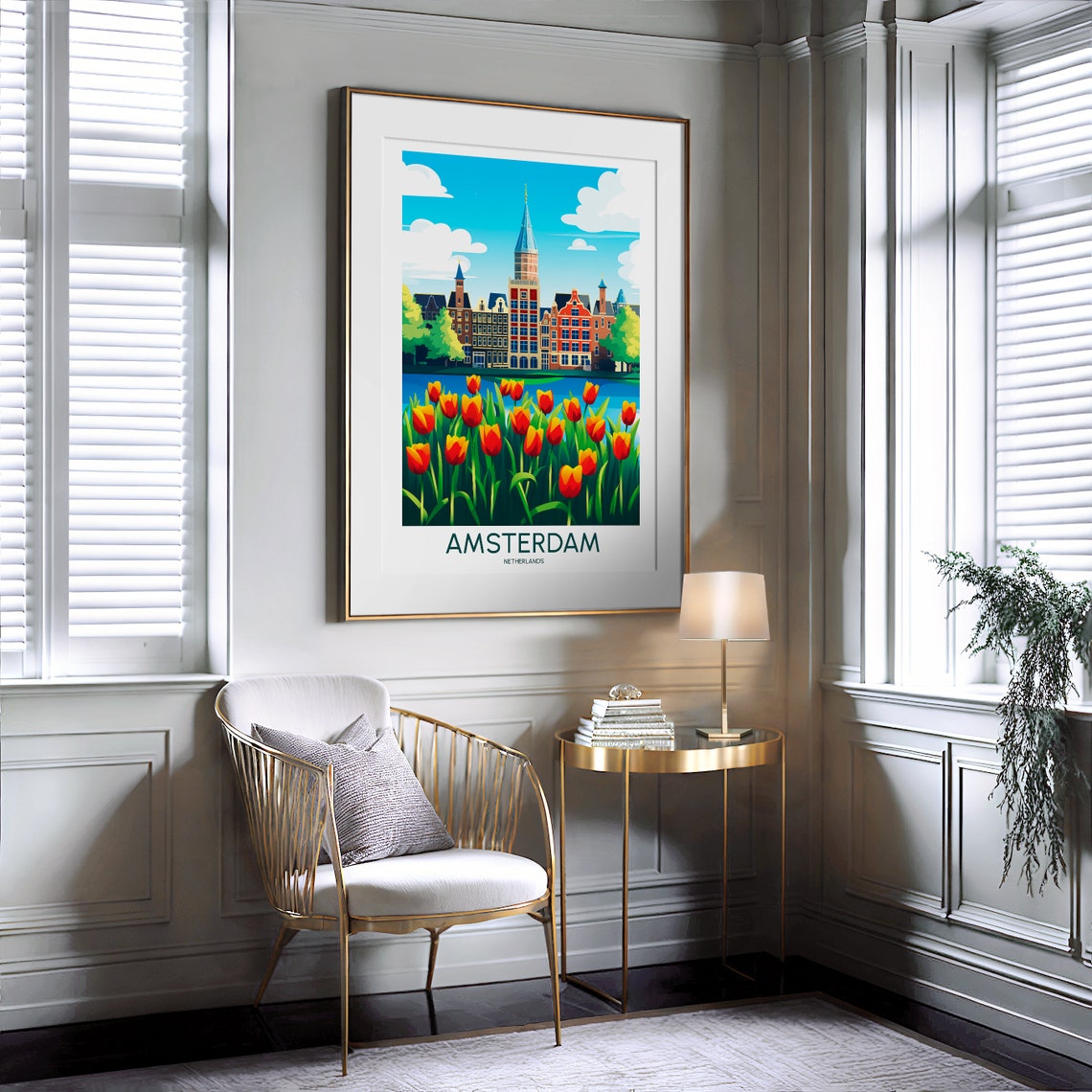 Amsterdam Netherlands Tulips Historic Houses Illustration Poster - Image 2