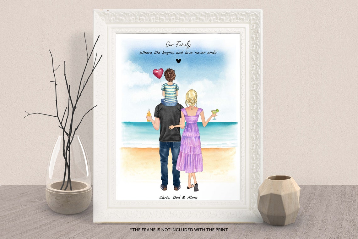 Our Family Beach Watercolor Mom Dad and Son Custom Portrait Print