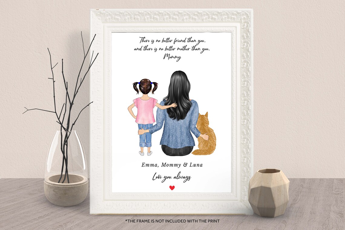 Mommy and Daughter With Cat Best Friend Tribute Portrait Print