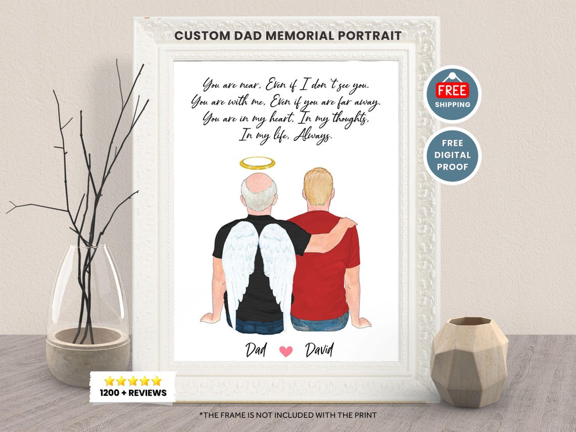 Custom Dad Memorial Angel Wings Portrait Print Gift for a Son